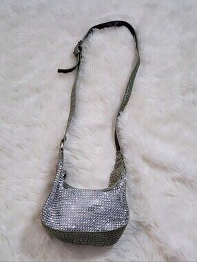 Green Croc-Texture Shoulder Bag with Silver Rhinestone Front